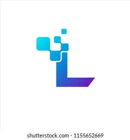 L Initial Letter Logo Design with Digital Pixels in Blue and Purple Colors