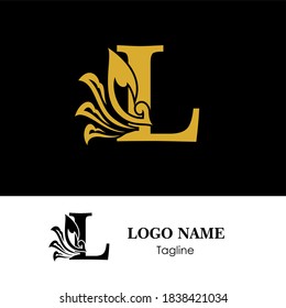 L Initial letter luxury beauty flourishes leaves ornament logo template. Font Floral 