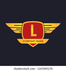 L initial shield with wings gold color logo