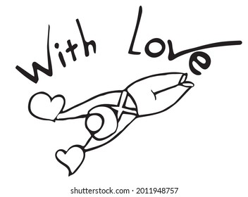 El pequeño hombre tiene dos corazones en sus manos. Inscripción "Con amor"