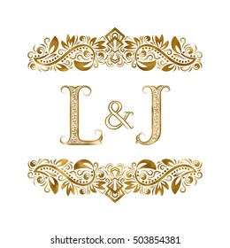 L and J vintage initials logo symbol. The letters are surrounded by ornamental elements. Wedding or business partners monogram in royal style.