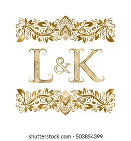 L and K vintage initials logo symbol. The letters are surrounded by ornamental elements. Wedding or business partners monogram in royal style.