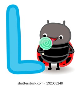 L for ladybug and lollipop. Letter for funny alphabet.