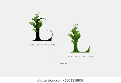 L Leaf Letter Logo Icon Design in Green Colors. L logo with leaf element, letter L with the concept of green leaves, Eco Bio Letter Design Vector Illustration.