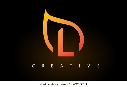 L Leaf Logo Letter Design with Golden Leaf Outline Vector Illustration.