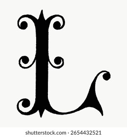 Letra L, fonte de caligrafia do século 12, ilustração vintage isolada em branco, vetor. Fonte criativa e letra de tipografia, vetor isolado. Fonte preta vintage.