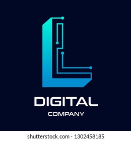 The L letter 3 dimensions or 3D with dot and technology symbol on dark blue background in the style of modern. This logo is suitable for industrial, mechanical, connection, business and automotive.