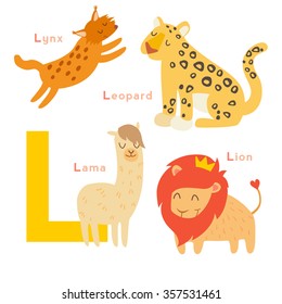L letter animals set. English alphabet. Vector illustration, isolated on white background