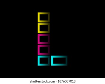 L letter cmyk color vector desing logo. Dynamic split blue, pink, yellow color on black background. For social media,design elements, creative poster, web template and more