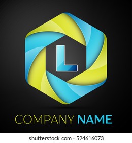 L Letter colorful logo in the hexagonal on black background. Vector template for your design