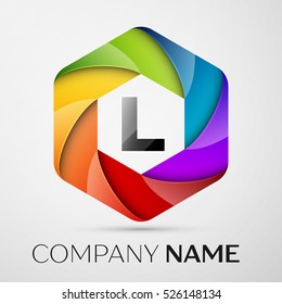 L Letter colorful logo in the hexagonal on grey background. Vector template for your design