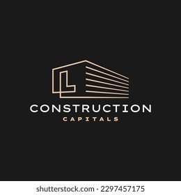 L Letter Construction 3D Perspective Gold Outline Logo Vector Icon Illustration