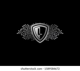 L Letter Digital Data Protection Logo Icon with Shield and Network Line Shape