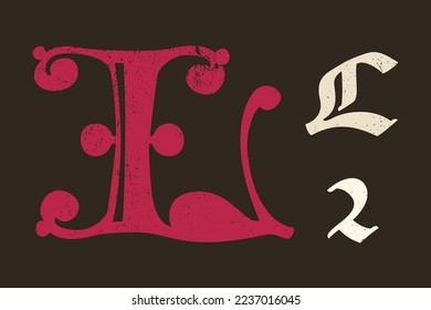 L letter drop cap logo. Illuminated initial and blackletter uppercase and lowercase. All you need to precisely imitate medieval text. Decorative element for the beginning of a paragraph or section.