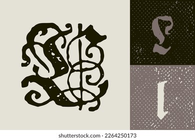 L letter drop cap logo. Illuminated initial and blackletter uppercase and lowercase. All you need to precisely imitate medieval text. Decorative element for the beginning of a paragraph or section.