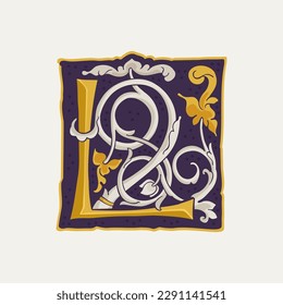 L letter drop cap logo. Square medieval initial with gold texture and white vine. Renaissance calligraphy emblem. Vector premium elements for luxury identity, vintage package, engraved charter, etc.