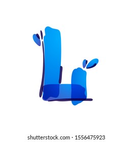 L letter eco logo with blue water drops handwritten with a felt-tip pen. Vector marker font can be used for eco friendly, vegan, bio, raw, organic template.