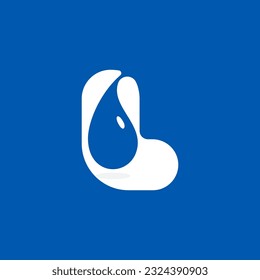 L letter eco logo with blue water dew drops. Negative space icon. Spring water emblem. Vector template for pure drink company, swimming posters, waste recycling identity, fight against drought adv.