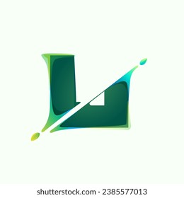 L letter eco logo with green leaves and diagonal distortion, color shift effect. Eco-friendly vector illustration. Lush foliage emblem. Perfect for nature banner, healthy labels, waste recycling icon.