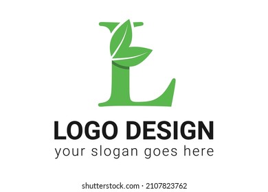 L letter eco logo with leaf. Vector typeface for nature posters, eco friendly emblem, vegan identity, herbal and botanical cards etc. Ecology L letter logo with green leaf.