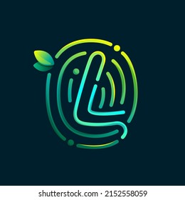 L letter eco logo made of fingerprint. Gradients icon with green leaves and dew drops. Perfect for online payment art, biometric design, agriculture advertising, pure food packaging, modern identity.