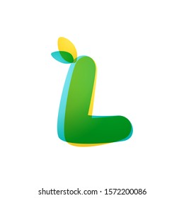 L letter eco logo. Overlapping gradient font with green leaves. Vector green template can be used for eco, vegan, bio, raw, organic.