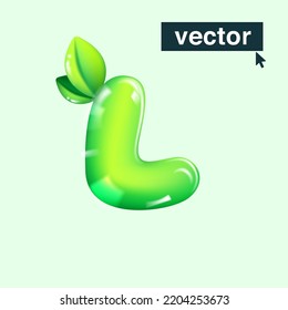 L letter eco logo in realistic 3D design and cartoon balloon style. Glossy green vector illustration. Perfect for agriculture banners, vibrant advertising, waste recycling art, healthy food packaging.