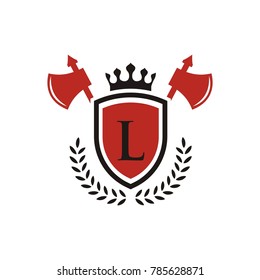 L Letter elegant heraldic shield with crown alphabet