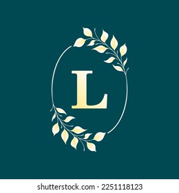 L letter in elegant oval frame with gold leaf. Vector isolated illustration.