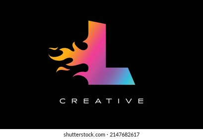 Diseño del logotipo de la flama de la letra L. Vector de concepto de marca con logotipo de fuego en colores vibrantes del arcoiris