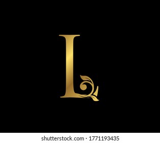 L Letter Floral Gold logo. Classy drawn emblem for book design, weeding card, brand name, business card, Restaurant, Boutique, Hotel. 