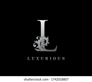 L Letter Floral logo. Vintage silver majestic letter stamp for book design, weeding card, label, business card, Restaurant, Boutique, Hotel. 