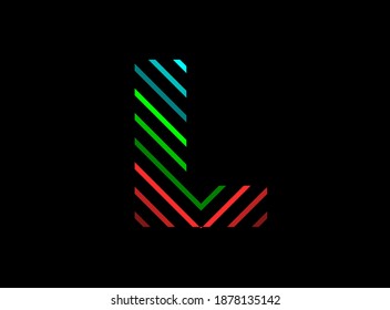 L letter font logo with rgb color. Dynamic split red, green, blue color on black background. For social media,design elements, creative poster, brand label and more