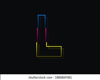 L letter font, vector design logo. Dynamic, split-color, blue, pink, yellow on black background. Eps10 illustration