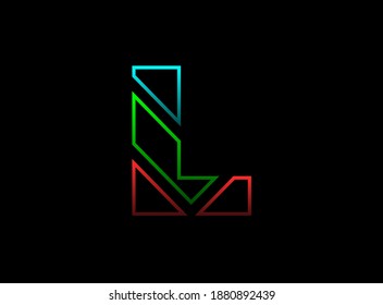 Tipo de letra L, logotipo de diseño vectorial. Dinámico, rgb de dos colores, rojo, verde, azul sobre fondo negro. Ilustración Eps10