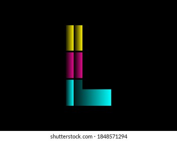 Tipo de letra L, logotipo vectorial hecho de color Cmyk. Color dinámico de color azul, rosa, amarillo sobre fondo negro. Para medios sociales, elementos de diseño, afiche creativo, plantilla web, etc.                       