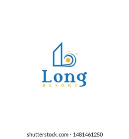 L letter forming building, sun and beach idea logo design vector icon illustration inspiration