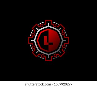 L Letter Gear Connection Data Logo Icon, Initial L with Gear and Network Line Shape
