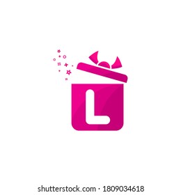 L letter Gift box Logo Design Vector Template.Logo gift template. Letter l in the box for present. Concept design present emblems and signs. Gift box icon pink color.l gift box logo
