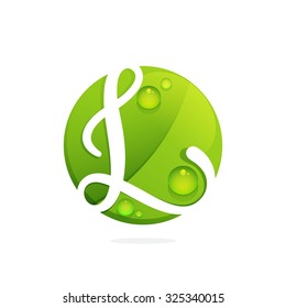 L letter with green leaves and dew drops. Vector design template elements for your application or corporate identity.