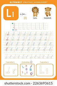 Hoja de trabajo de práctica de escritura a mano de cartas L. Hoja de cálculo de seguimiento de letras de alfabeto para niños con juegos e ilustraciones brillantes. Página Aprendiendo actividad alfabética. Plantilla imprimible.