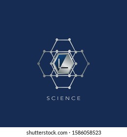 L Letter Hexagon Ring Techno Logo. Silver Hexagon Geometrical Ring with letter logo icon on blue background color for science technology design concept.