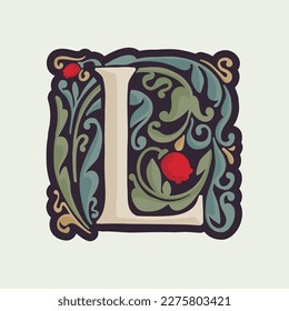 L letter illuminated initial with curve leaf ornament and tulips. Medieval dim colored fancy drop cap logo. Gothic heraldry blackletter dark-age emblem. Perfect for luxury calligraphy with pattern.