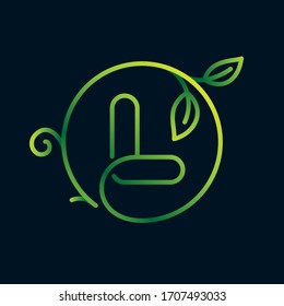 L letter leaf logo in a circle. Impossible one line style. Perfect green icon for environment labels, landscape posters and garden identity, etc.