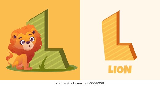 L letter for the Lion. Vector illustration with cute animal alphabet for ABC book. Educational content