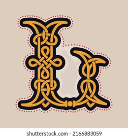 L letter logo with Celtic knots, spiral lines, and red dots. Dim colored medieval initial. Perfect icon for ancient identity, Middle Ages print, barbarian posters, and heraldic monograms.