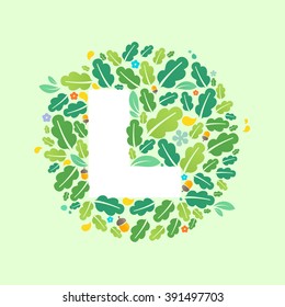 L letter logo in a circle of oak leaves and acorns. Summer font style, vector design template elements for your ecology application or corporate identity.