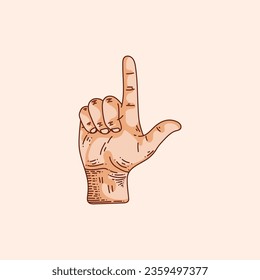 L letter logo in a deaf-mute hand gesture alphabet. Hand drawn vector illustration isolated on brown background.