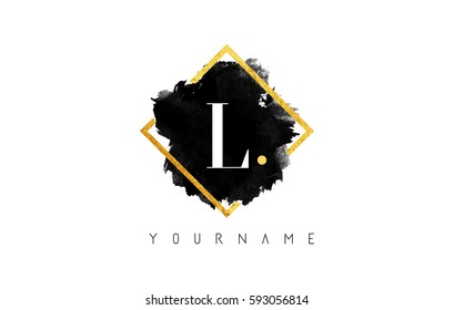 L Letter Logo Design with Black ink Stroke over Golden Square Frame.