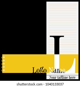 L Letter logo design with a blend of black and white color font, with yellow and white paper as decoration isolated on black background.